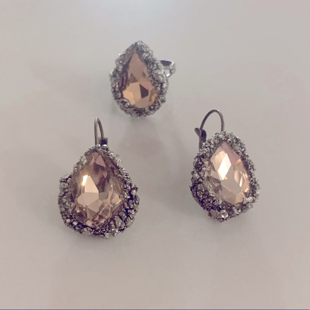 Quartz druzy and rosy citrine earrings and ring